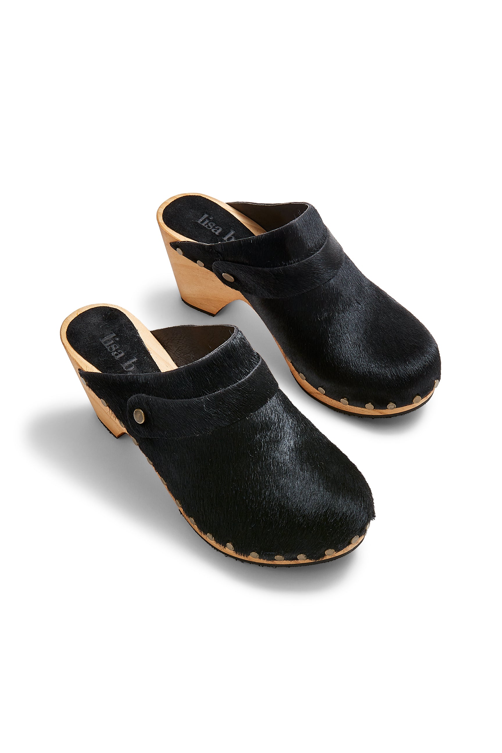 high heel classic clogs in black cow hair - ships end of April Clogs lisa b.
