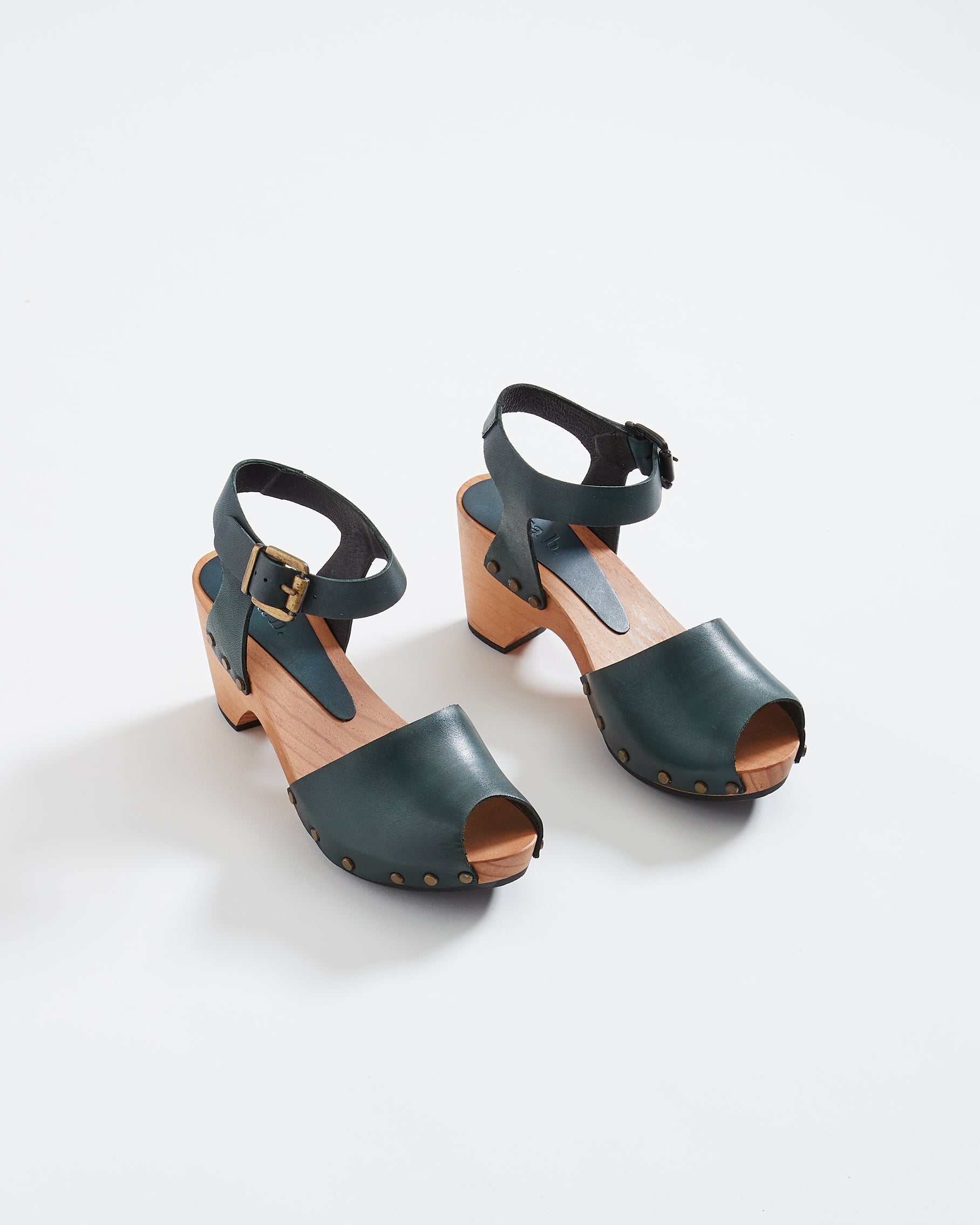 Leather Peep Toe Clogs in Ivy