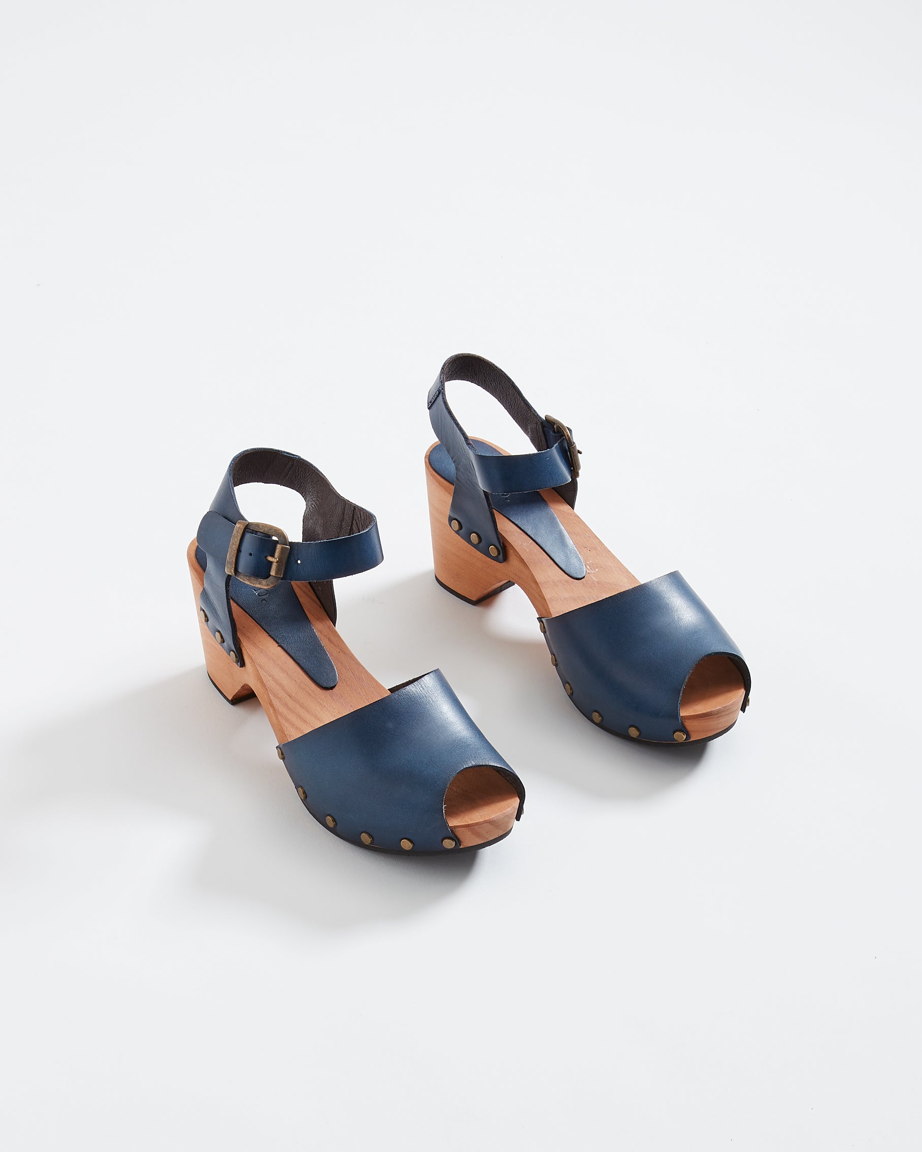 Leather Peep Toe Clogs in Navy