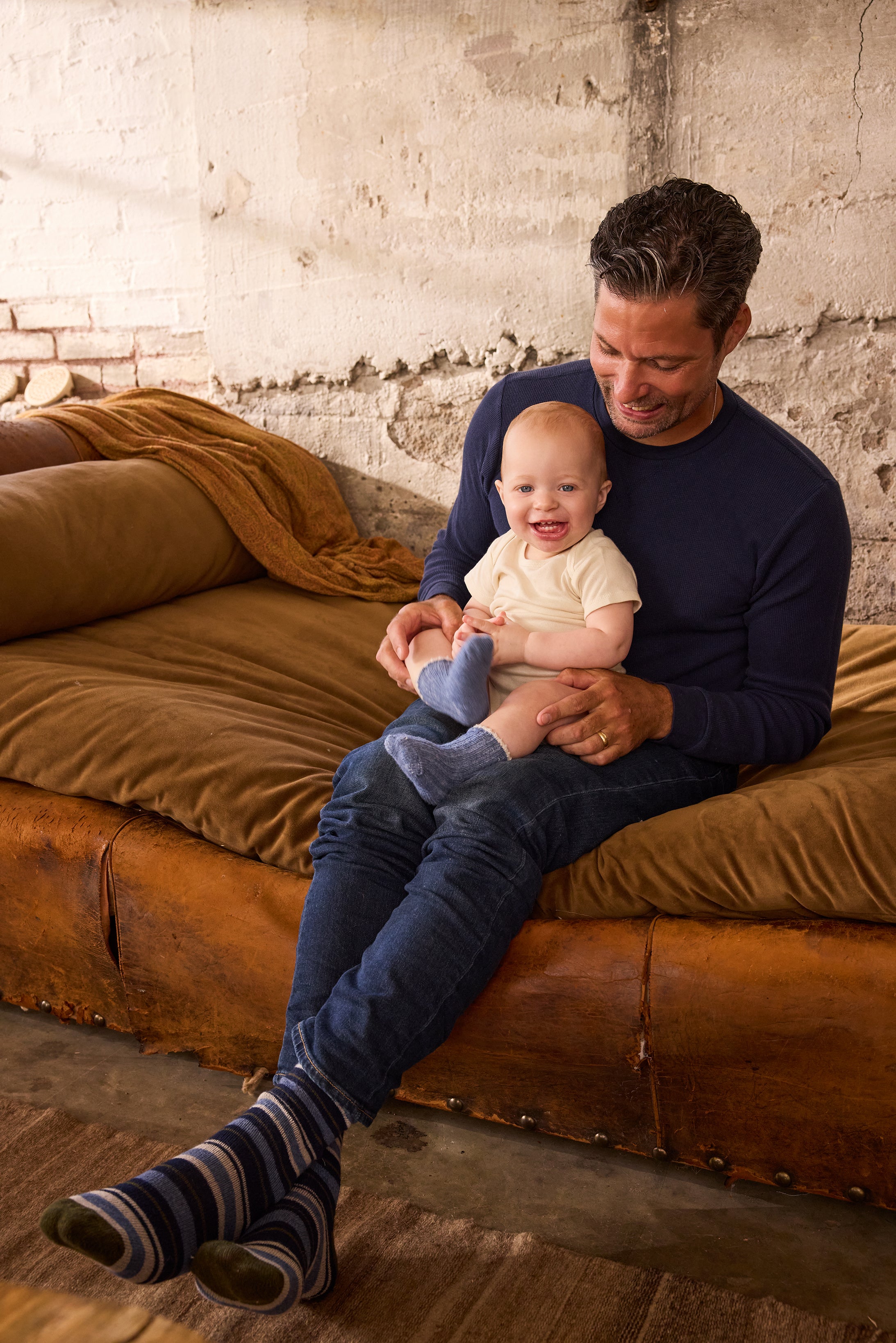 lisa b. wool cashmere baby socks | tipped rib in chambray, men multi stripe crew in olive