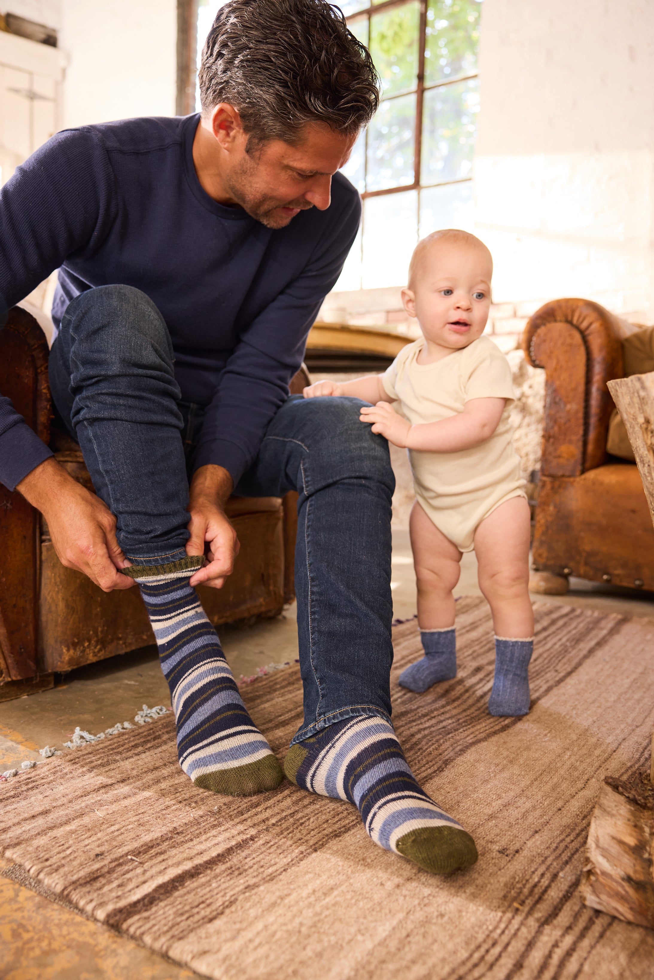 lisa b. wool cashmere baby socks | tipped rib in chambray, men multi stripe crew in olive