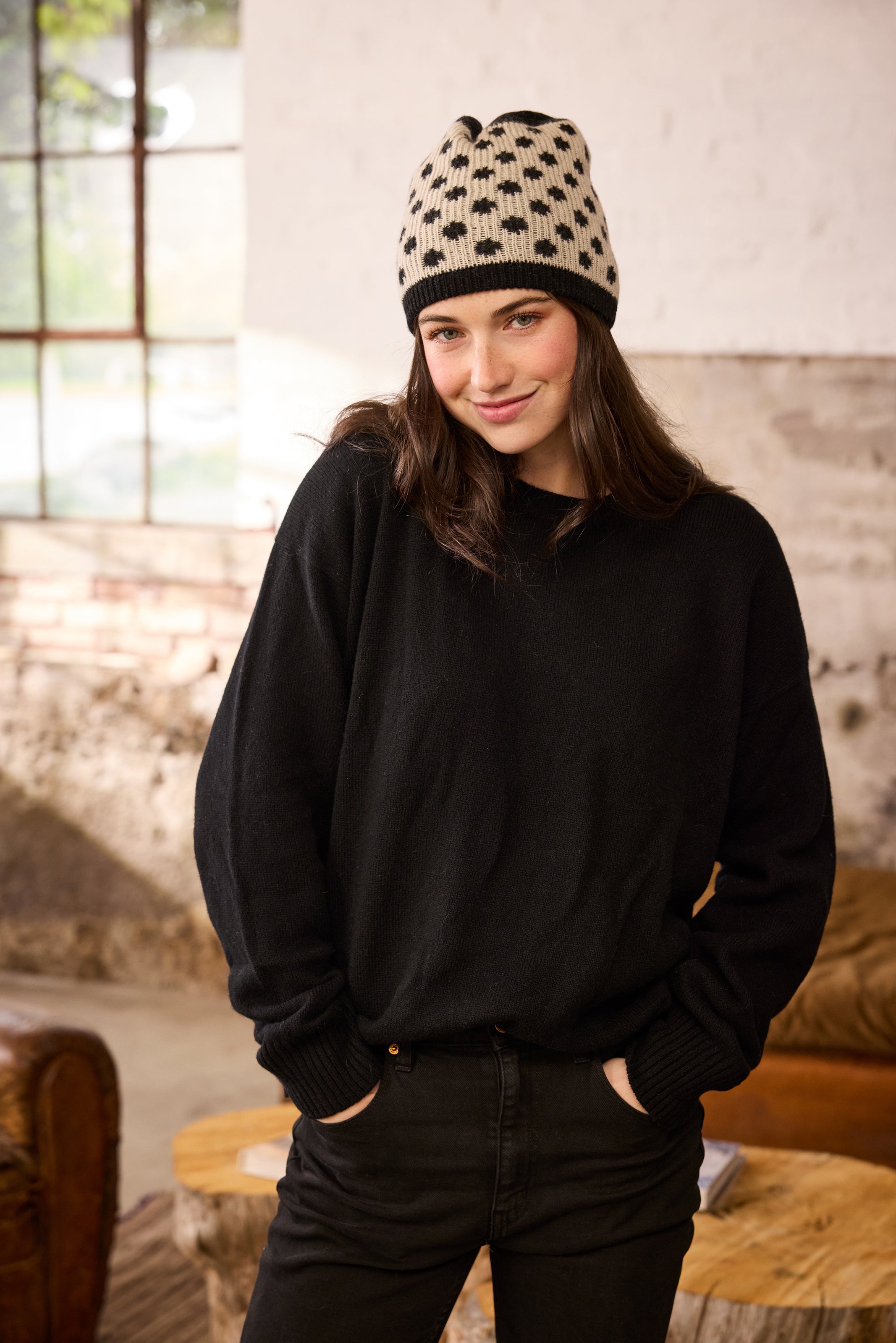 wool cashmere knit hat | reversible dot