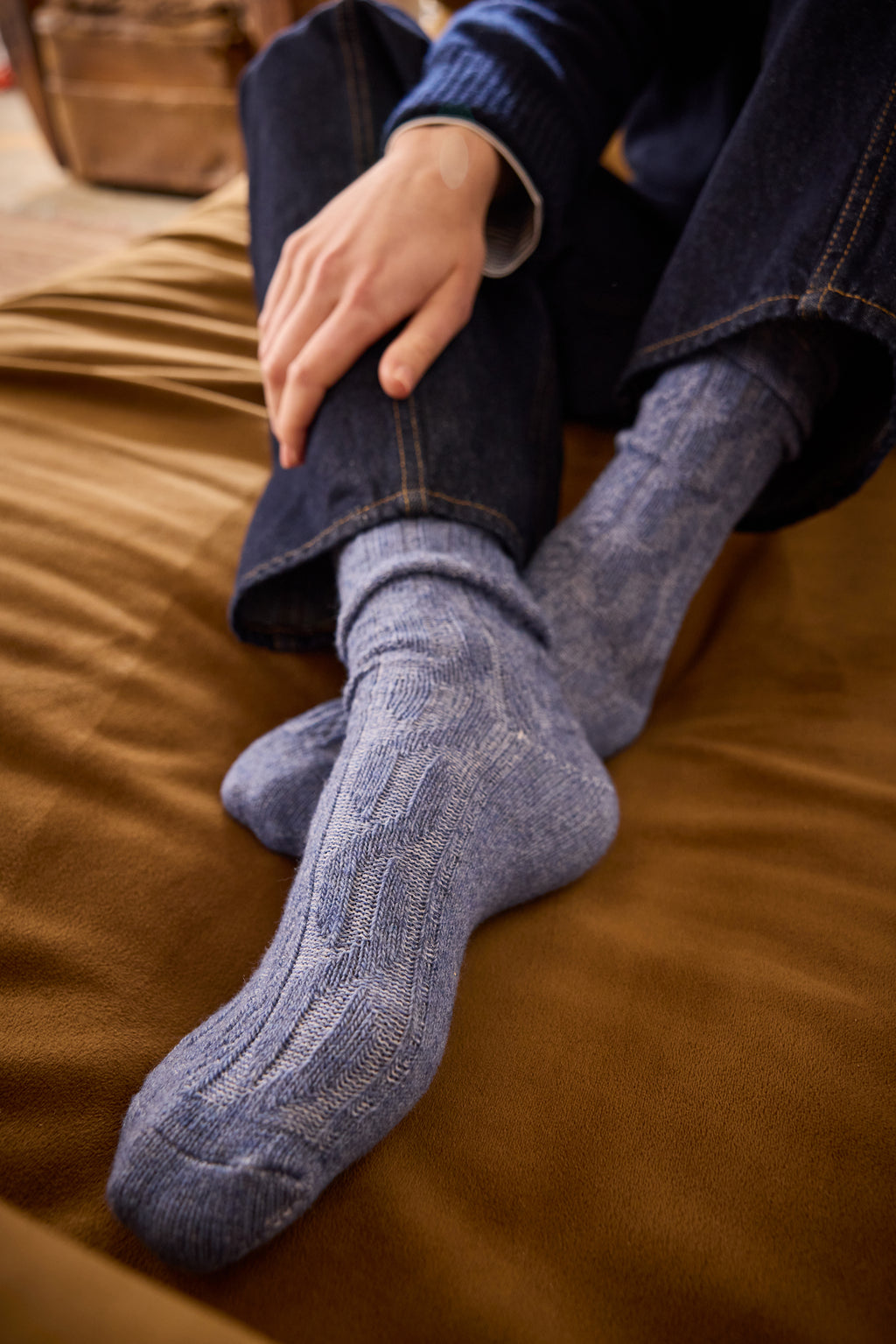 lisa b. wool cashmere women socks | chunky cable crew in chambray
