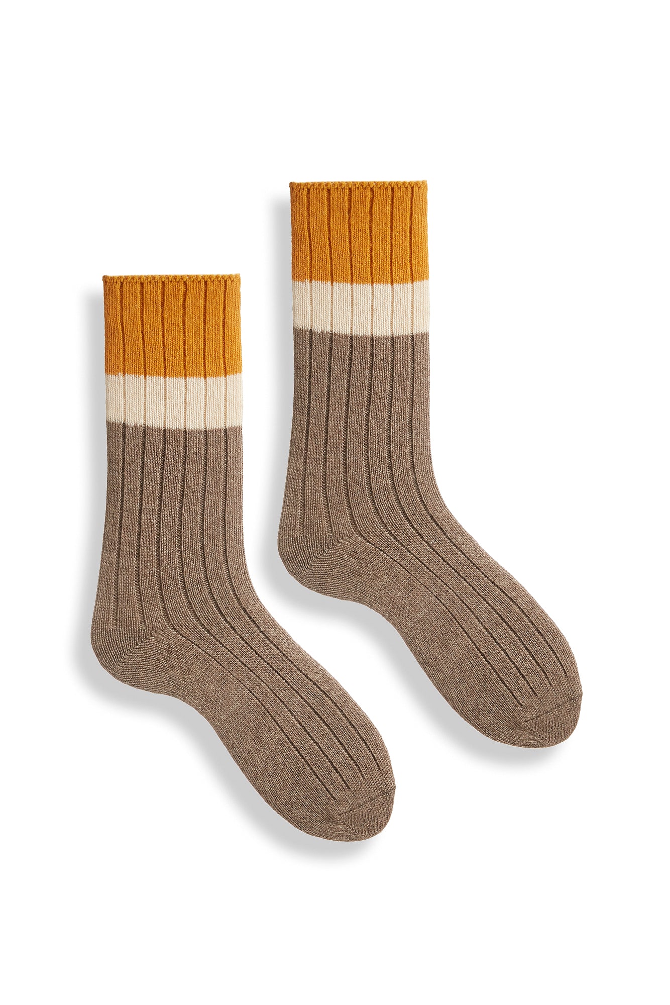 lisa b. wool cashmere women socks | ribbed colorblock crew in mushroom