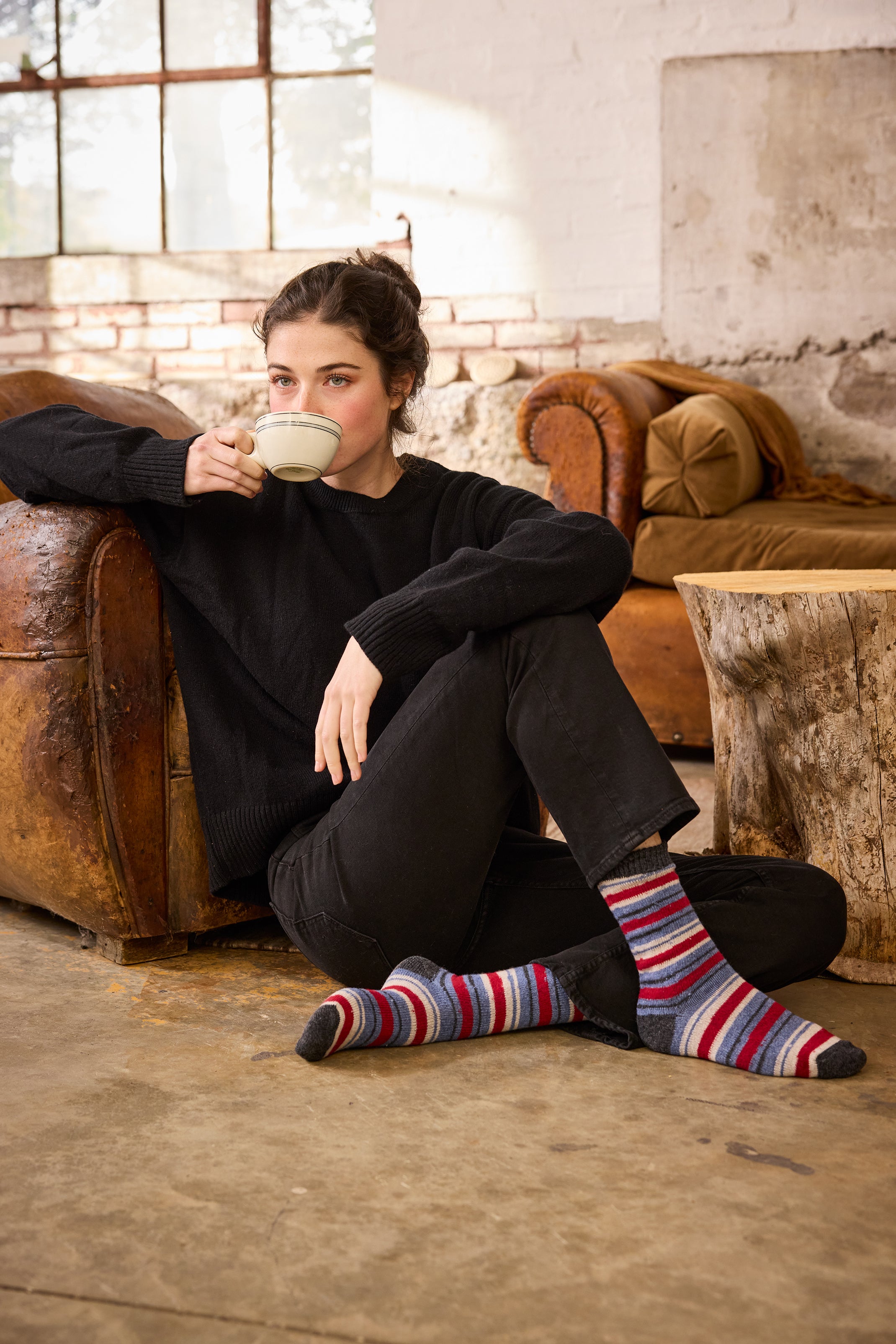 lisa b. wool cashmere women socks | multi stripe crew in charcoal
