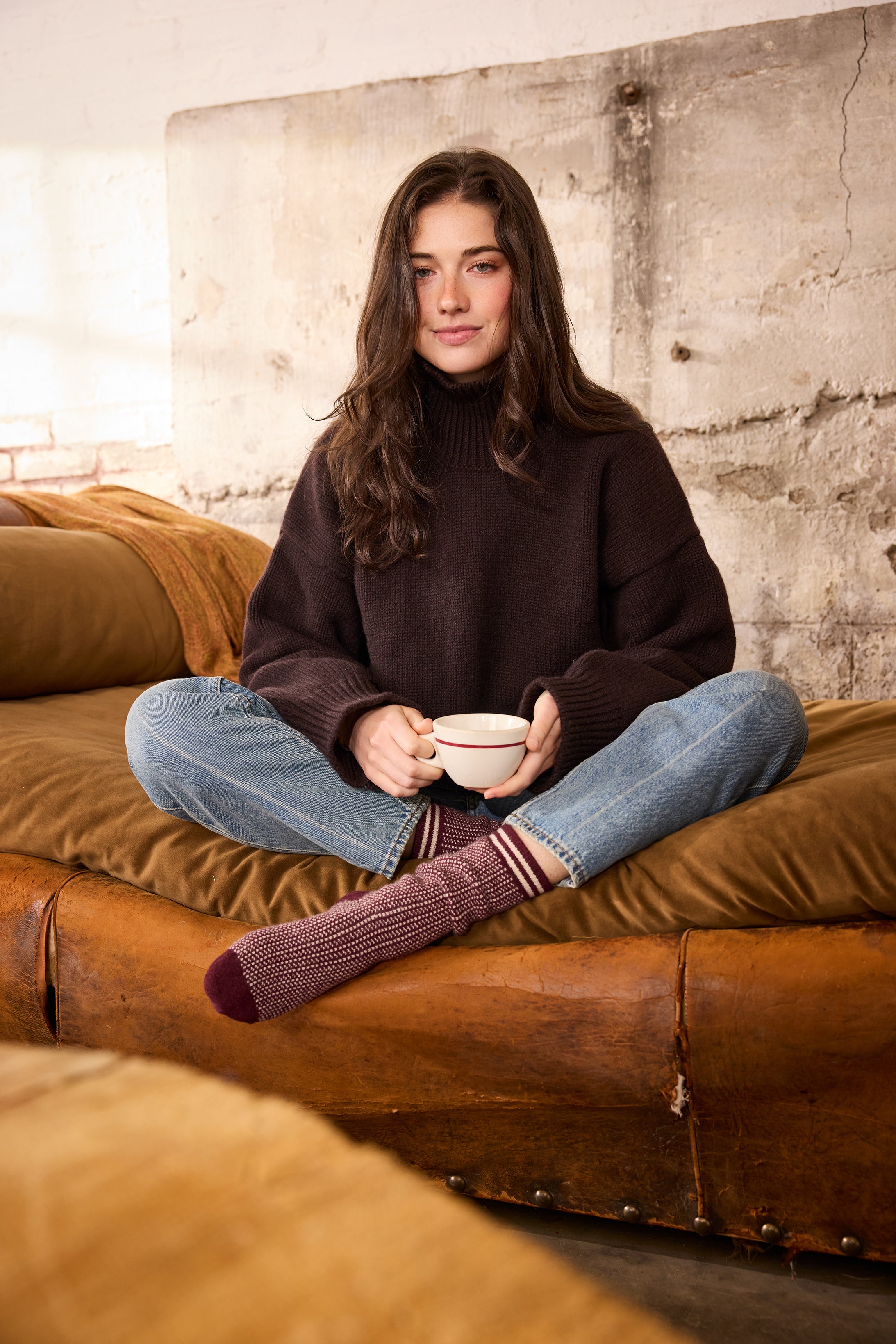 lisa b. wool cashmere women socks | nordic birdseye crew in burgundy