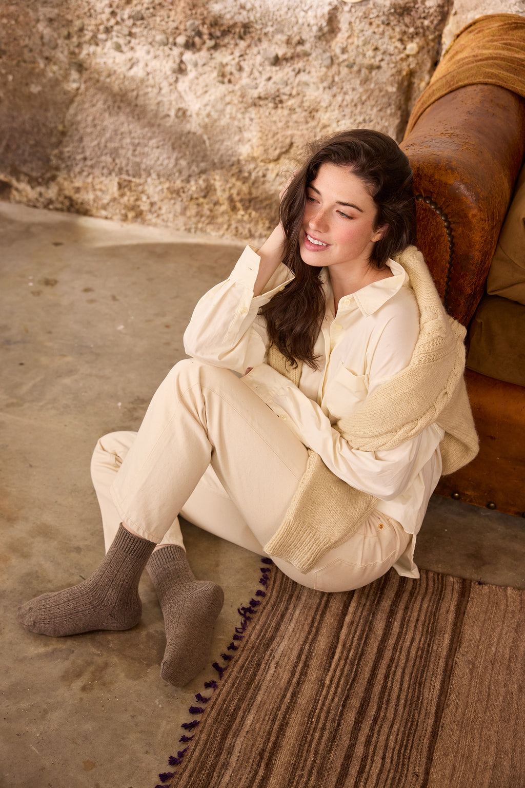 lisa b. wool cashmere women socks | rope stitch quarter-crew in mushroom