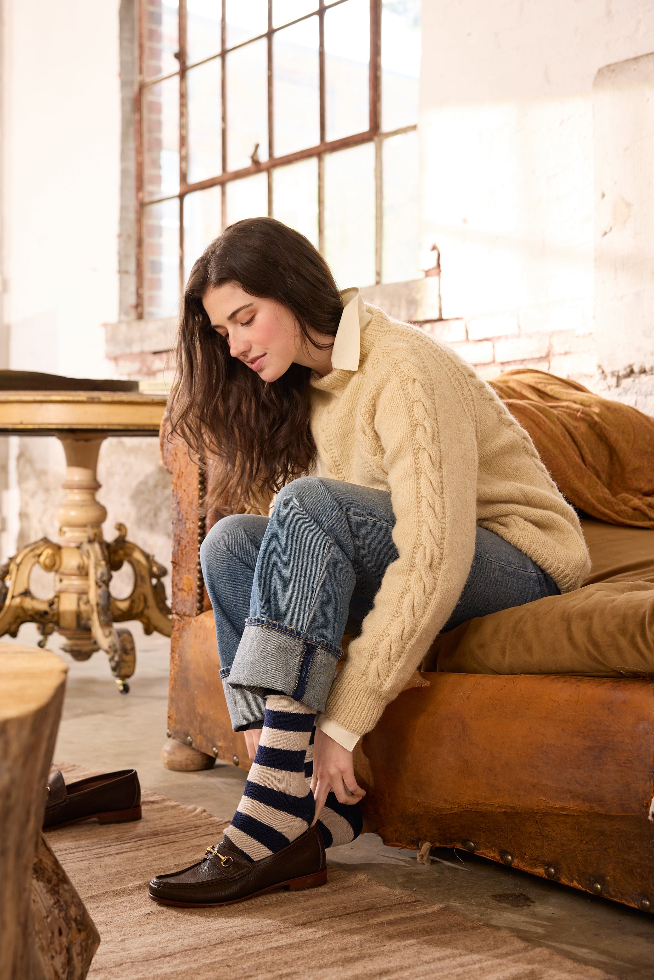 lisa b. wool cashmere women socks | rugby stripe crew in navy