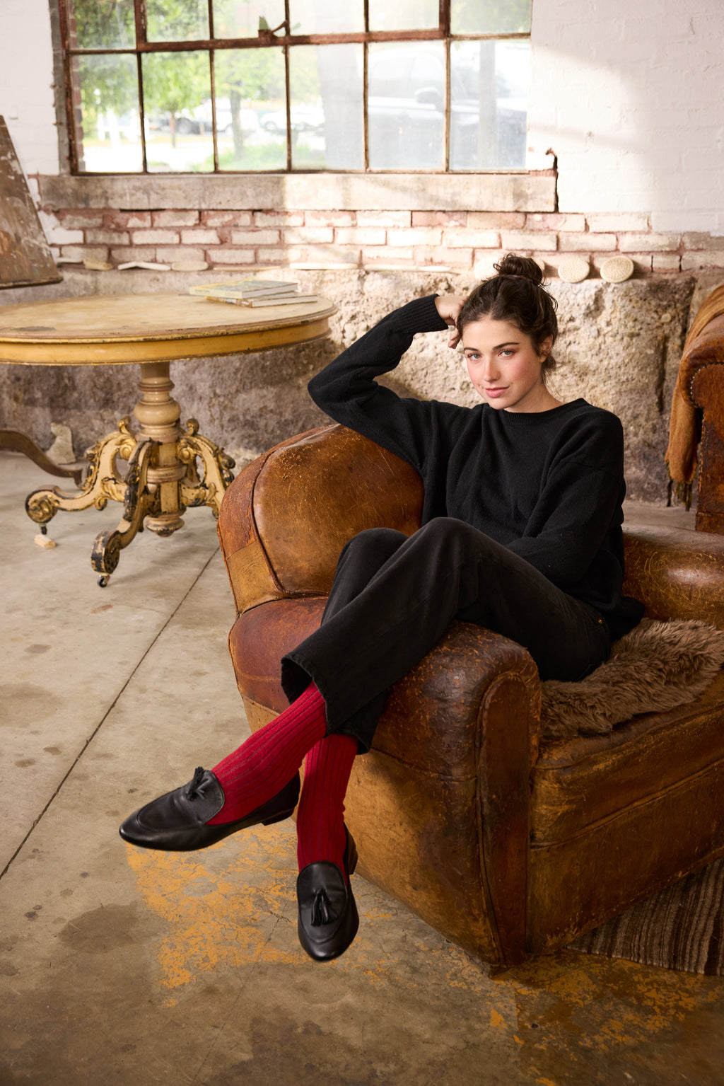 lisa b. wool cashmere women socks | solid rib crew in red