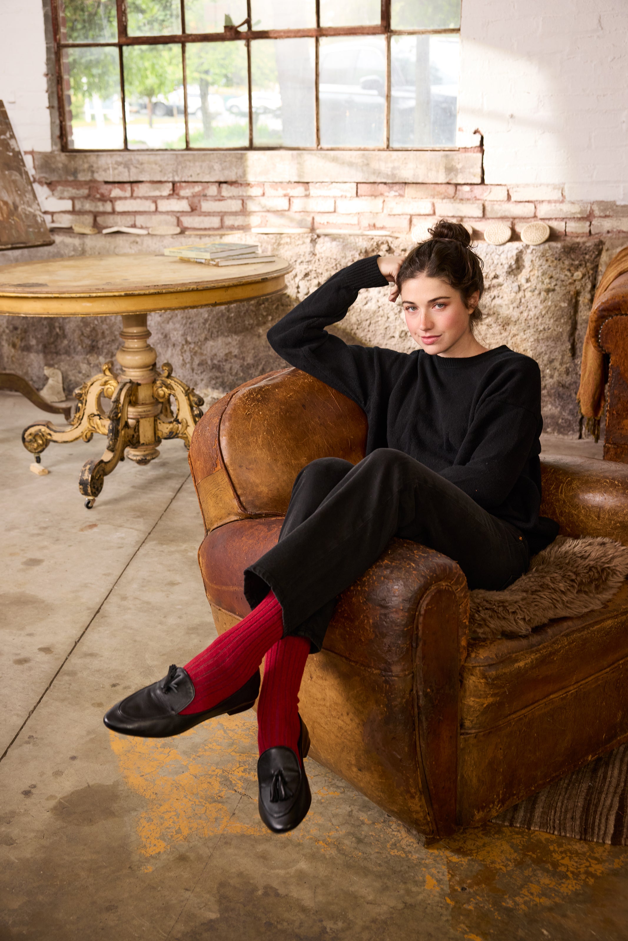 lisa b. wool cashmere women socks | solid rib crew in red