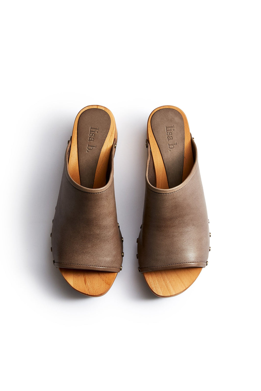 open toe slide clogs in dark taupe Clogs lisa b. 