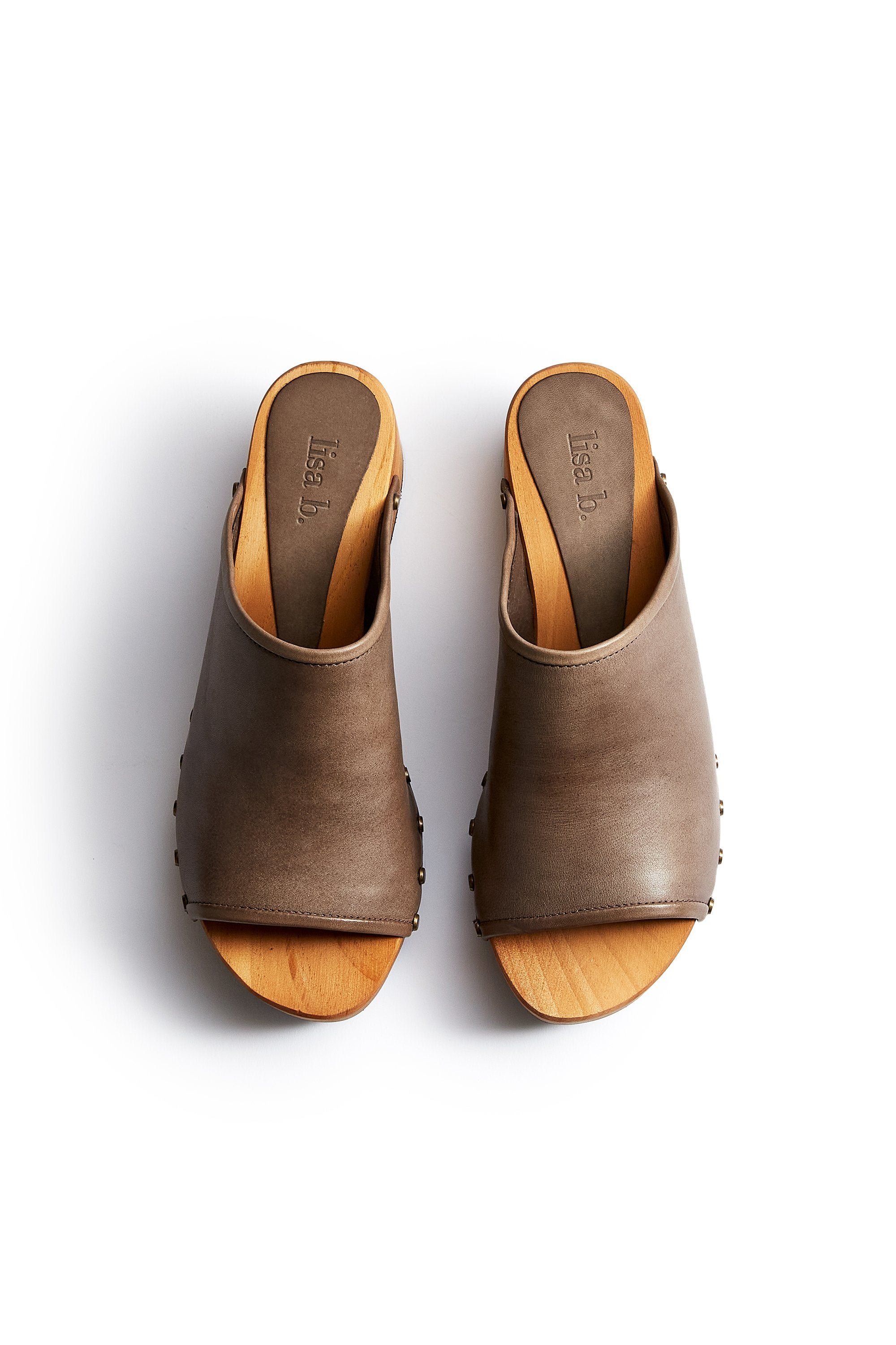 open toe slide clogs in dark taupe Clogs lisa b. 