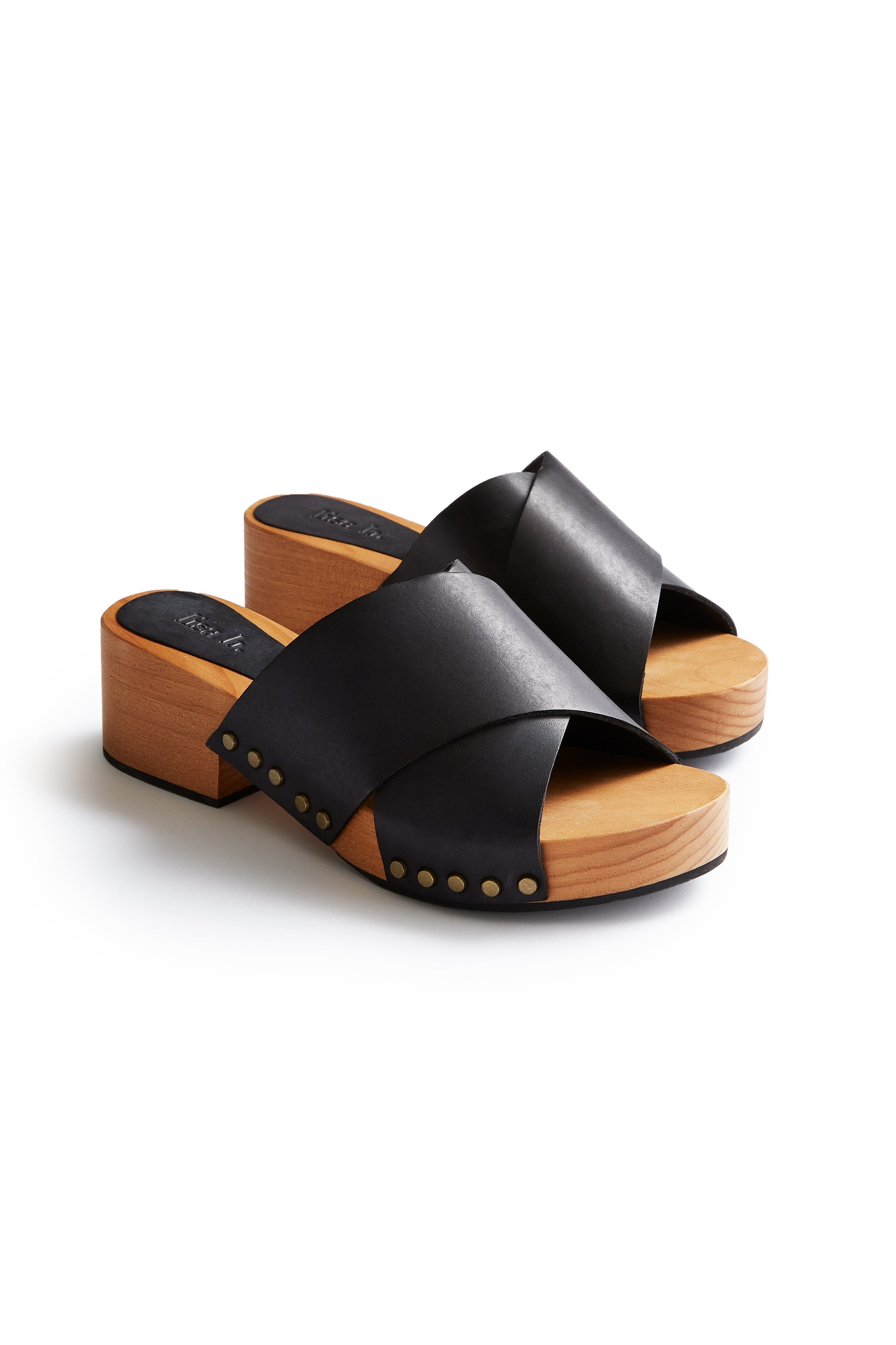 criss-cross leather slide clogs in black Clogs lisa b.