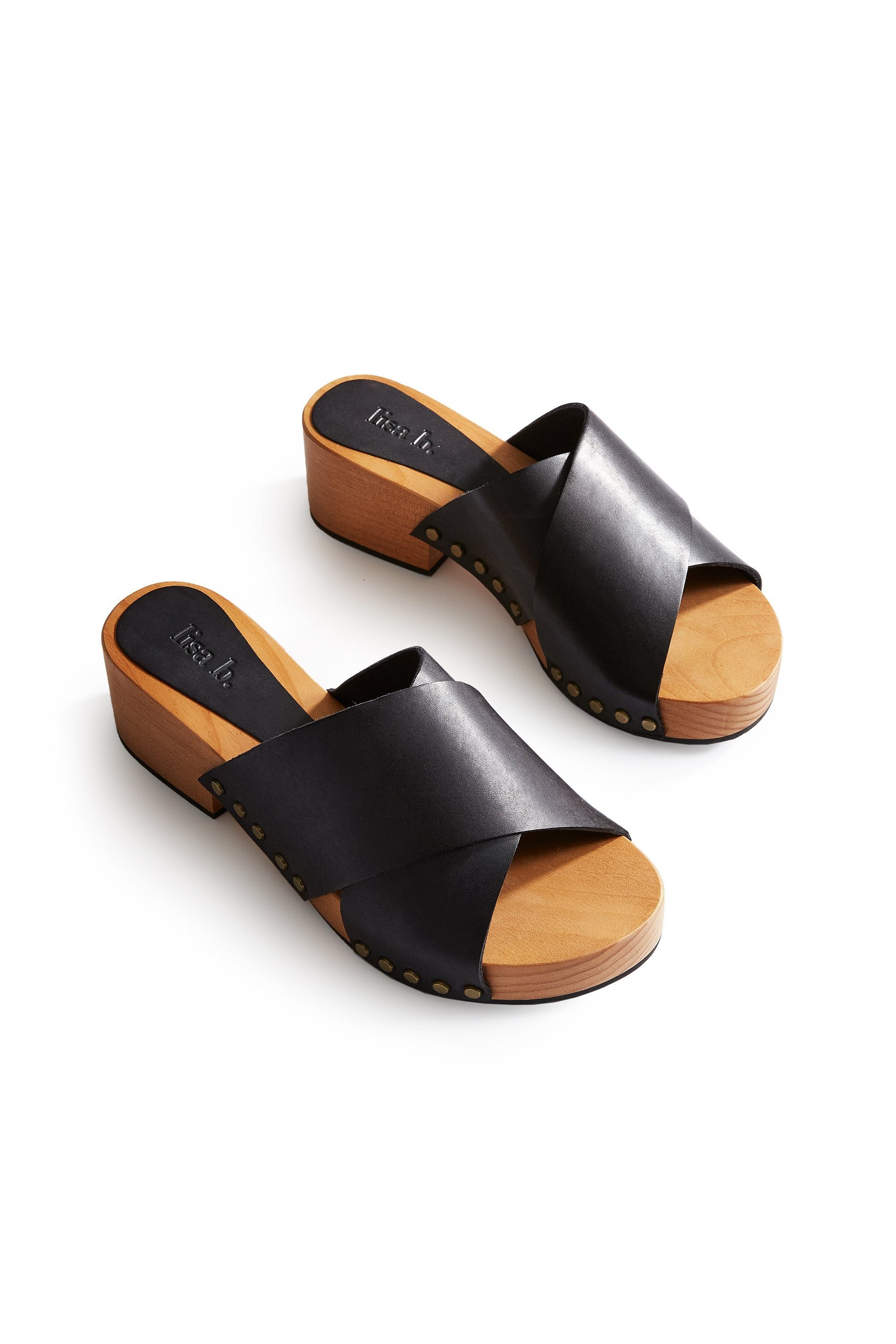 criss-cross leather slide clogs in black Clogs lisa b. 