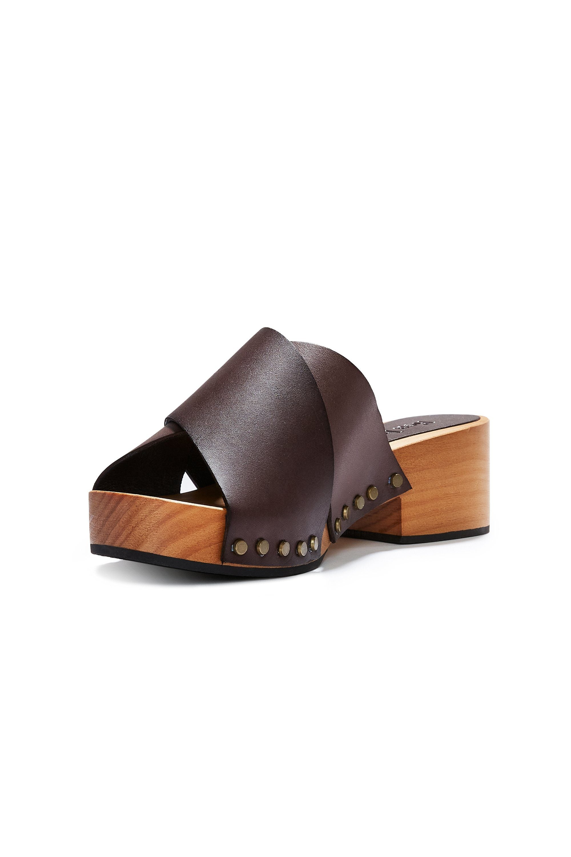 criss-cross leather slide clogs in dark brown Clogs lisa b. 