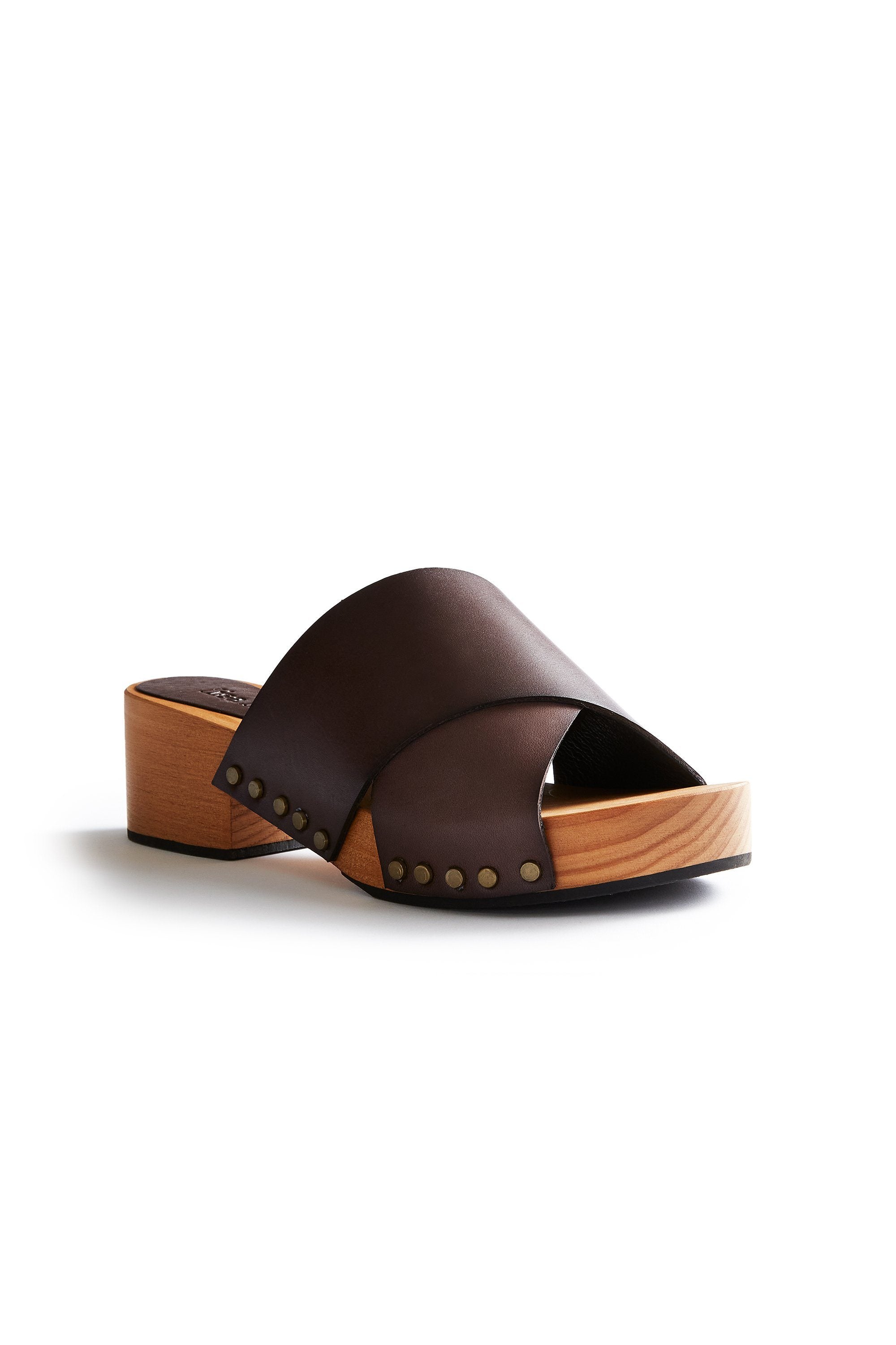 criss-cross leather slide clogs in dark brown Clogs lisa b. 