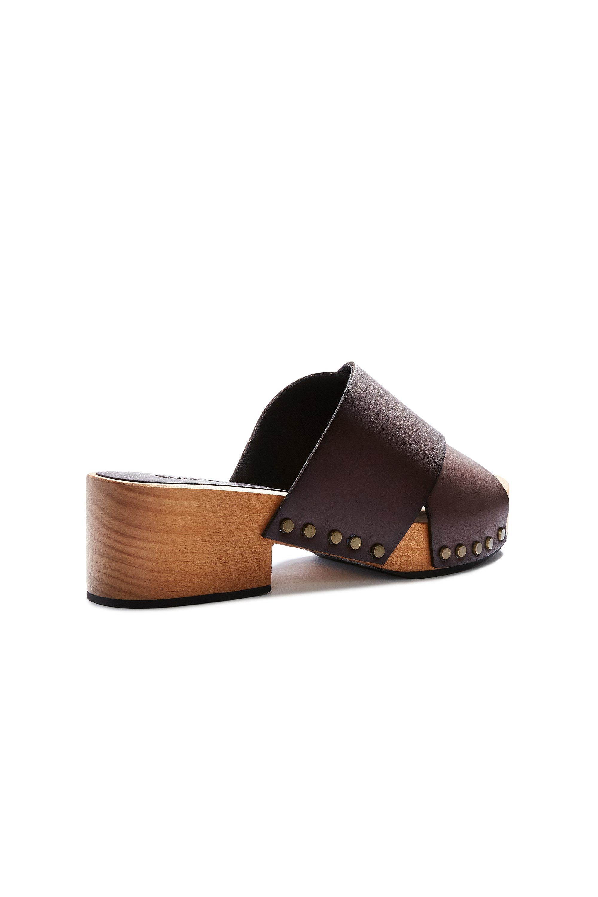 criss-cross leather slide clogs in dark brown Clogs lisa b. 