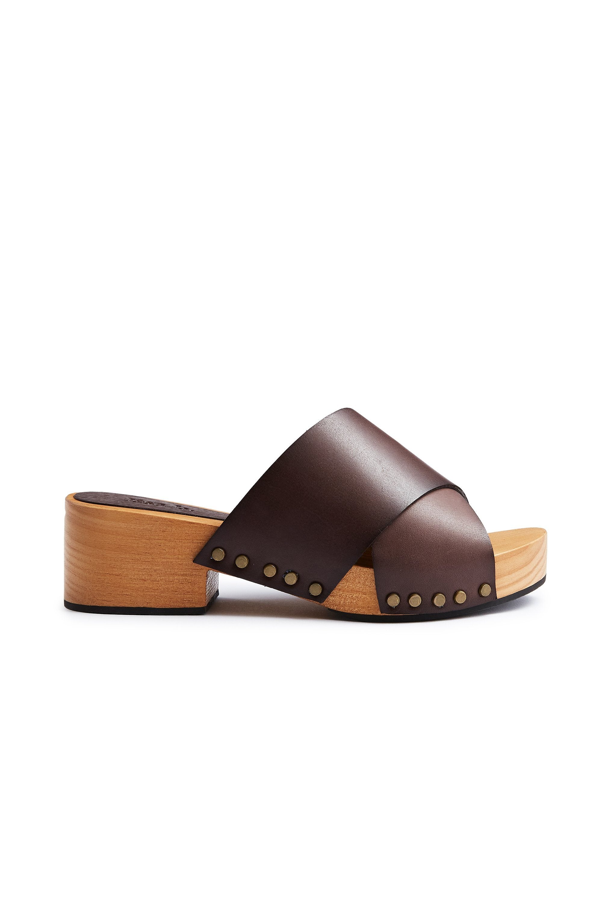 criss-cross leather slide clogs in dark brown Clogs lisa b. 