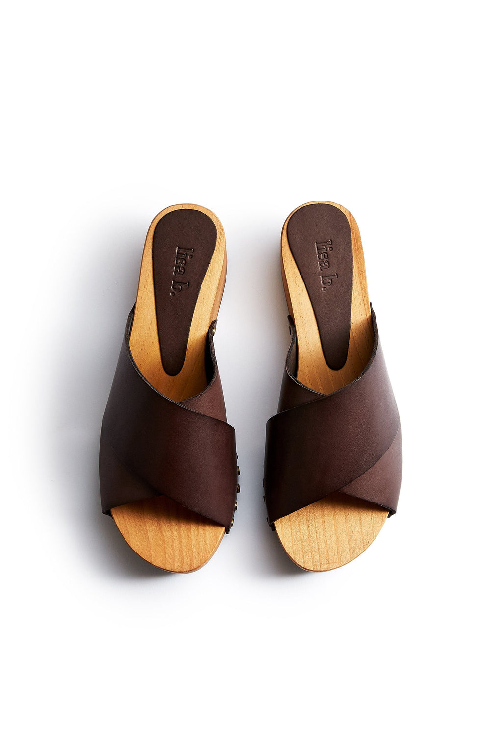 criss-cross leather slide clogs in dark brown Clogs lisa b. 