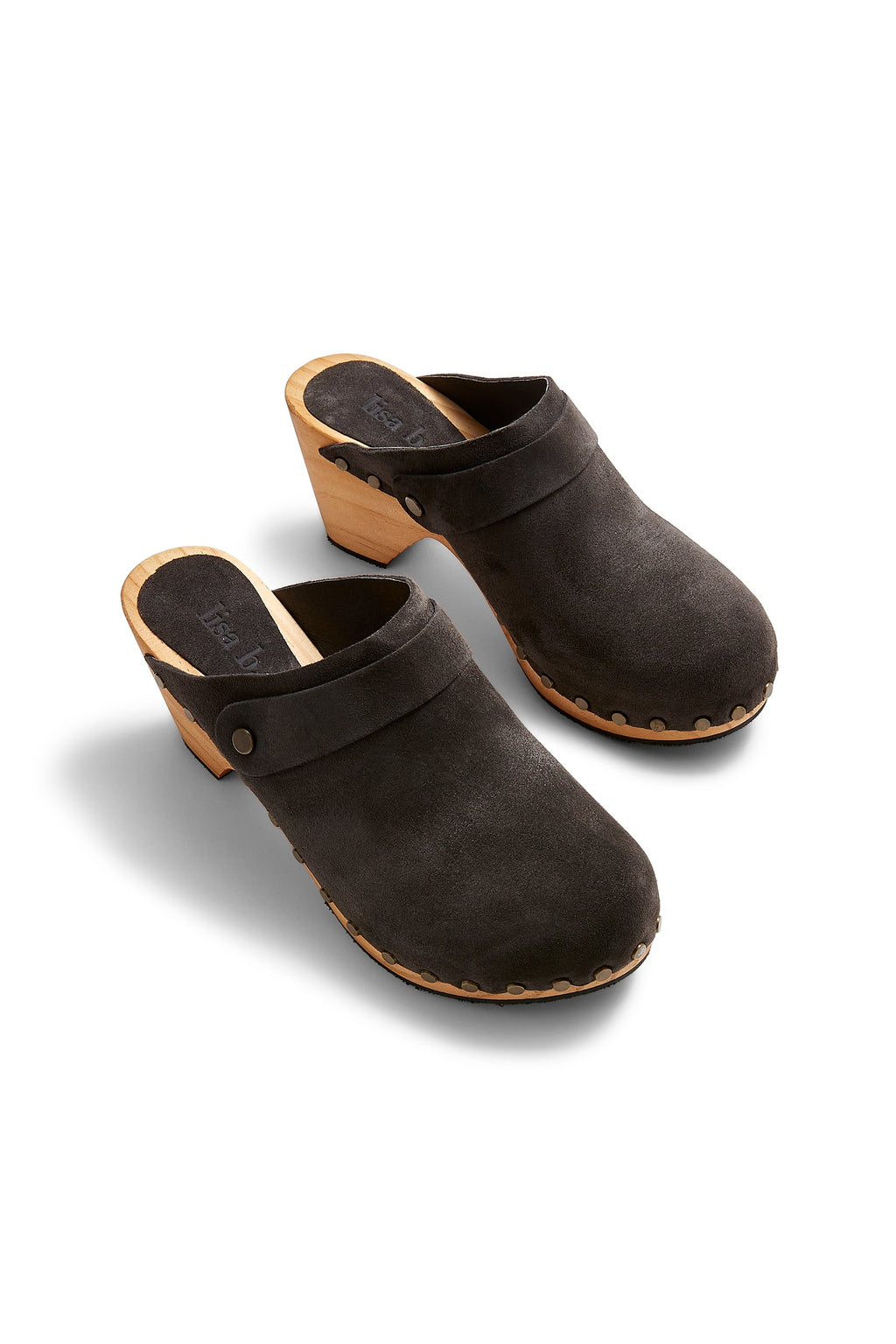 high heel classic clogs in coal suede - ships end of April Clogs lisa b. 