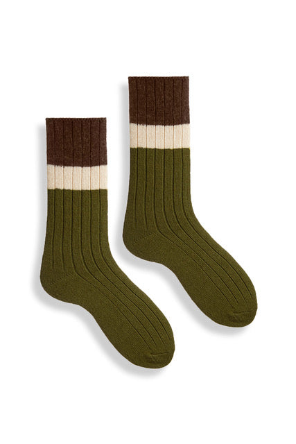 lisa b. wool cashmere women socks | ribbed colorblock crew in olive