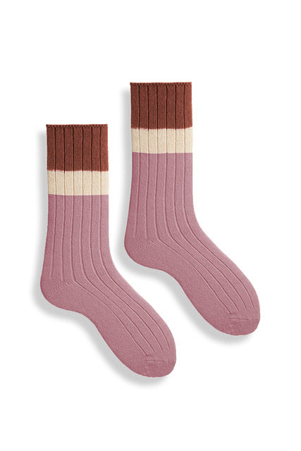 lisa b. wool cashmere women socks | ribbed colorblock crew in rosewood