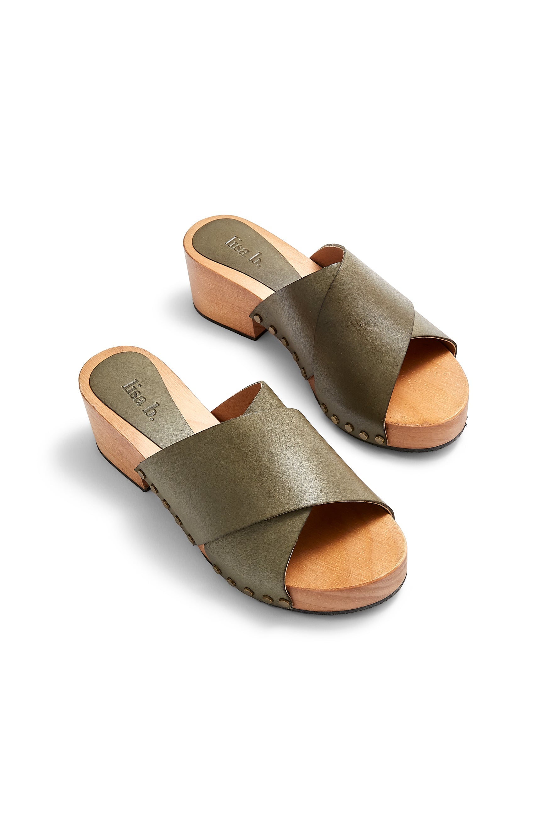 criss-cross slide clogs in olive - ships end of April Clogs lisa b. 
