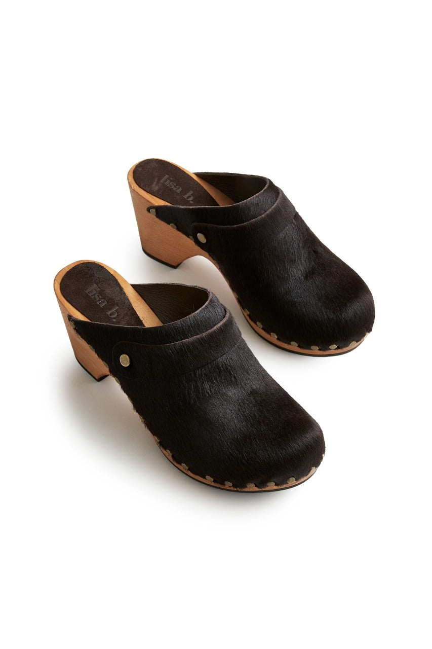 high heel classic clogs in espresso cow hair Clogs lisa b. 